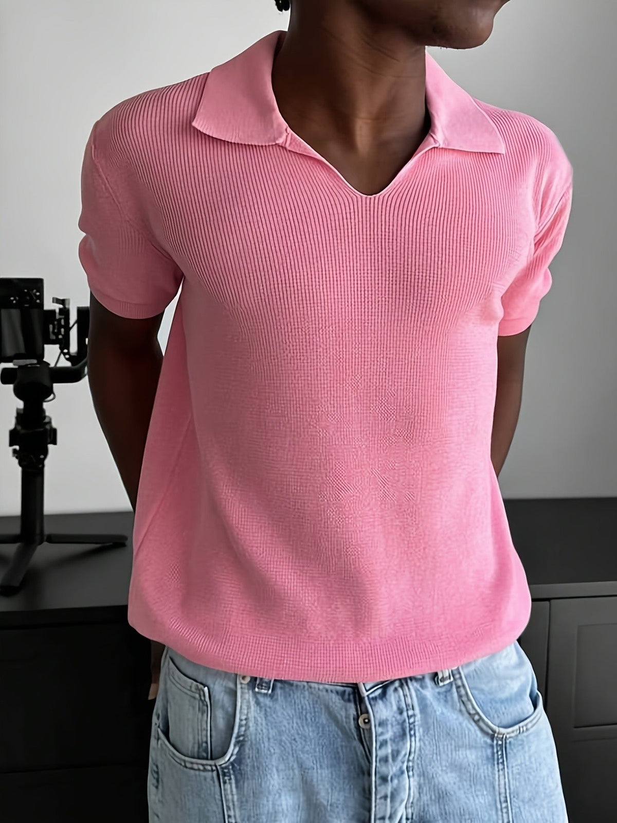 Rippstrick Poloshirt Mit Offenem V Ausschnitt
