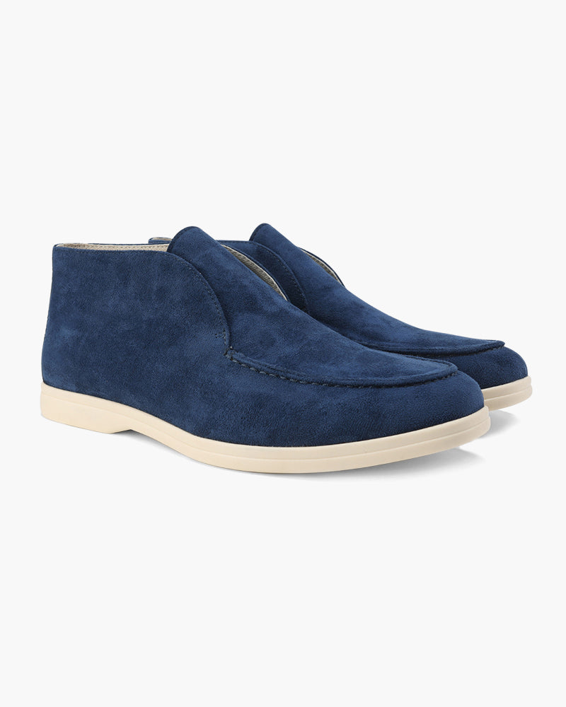 Blaue Wildleder-Herrenschuhe mit beiger Sohle, elegantes Design, ideal für Freizeit und Business, hochwertige Verarbeitung, modische Herrenmode.