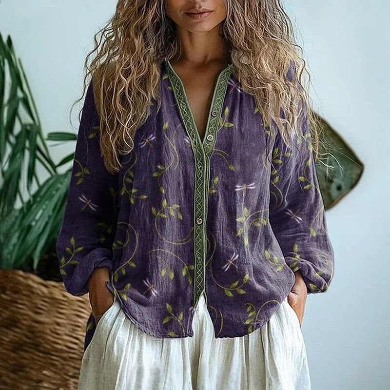 Damen Bluse mit Blattmuster und V-Ausschnitt