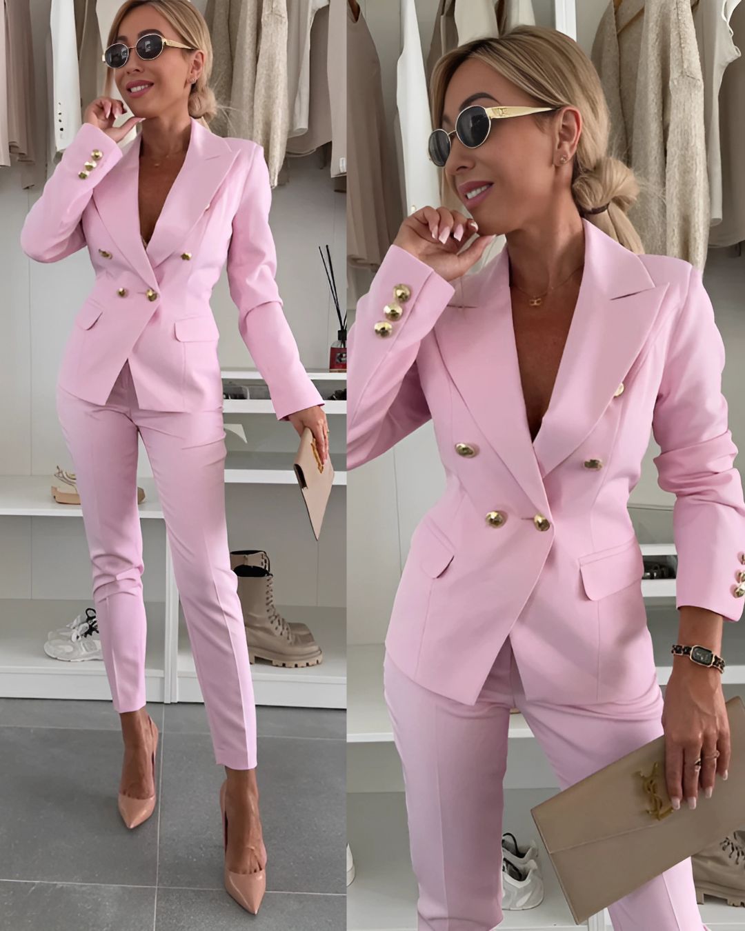 Elegante Frau im rosa Anzug mit goldenen Knöpfen, Sonnenbrille und beigen High Heels, hält eine Clutch. Mode, Business-Outfit, stilvoll.