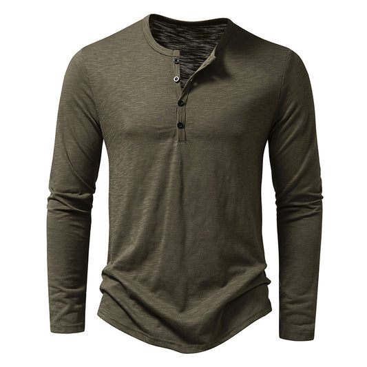 Langarmshirt Herren, olivgrün, Henley-Stil, Knopfleiste, Baumwollmischung, lässig, modisch, ideal für Herbst, bequem, vielseitig kombinierbar.