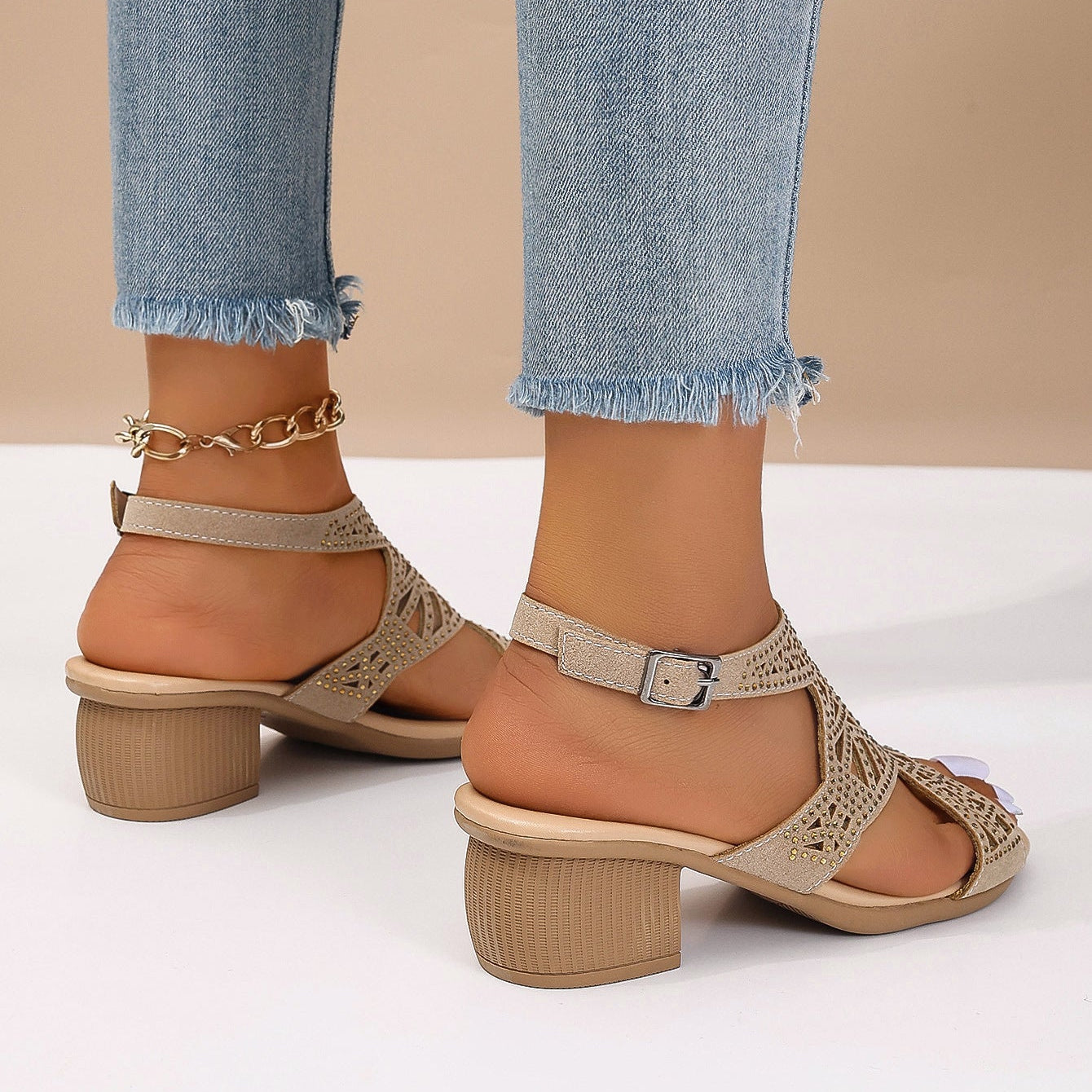 Damen-Sommersandalen Mit Blockabsatz, Offener Zehenpartie, Strassschnalle