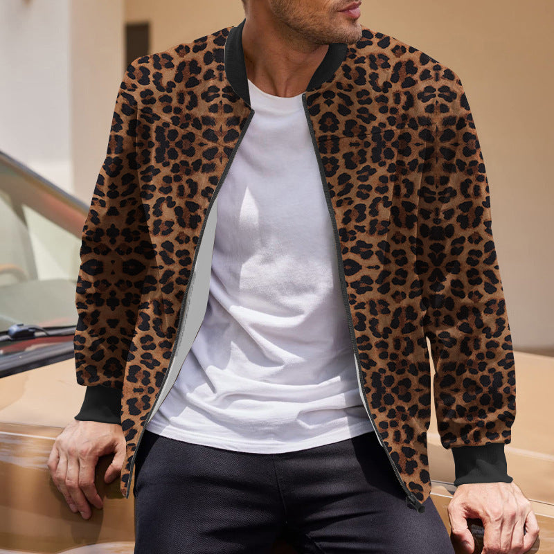 Men's autumn jacket with leopard pattern, zipper, and fleece lining