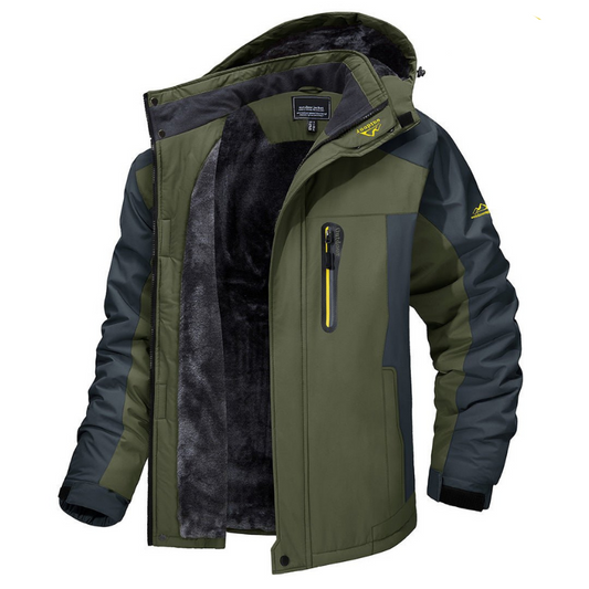 Grüne Outdoor-Winterjacke mit Kapuze, wasserabweisend, winddicht, gefüttert, Reißverschlusstasche, ideal für Herren, Wandern, Trekking, kaltes Wetter.