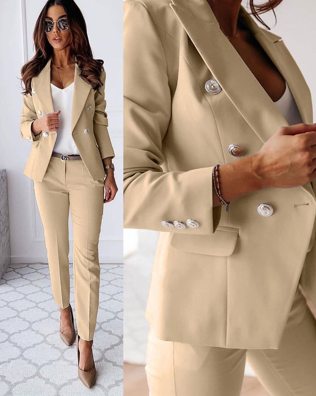Frau in beigem Hosenanzug mit weißem Top und Sonnenbrille, eleganter Business-Look, modische Damenbekleidung, stilvolle Büro-Outfits.