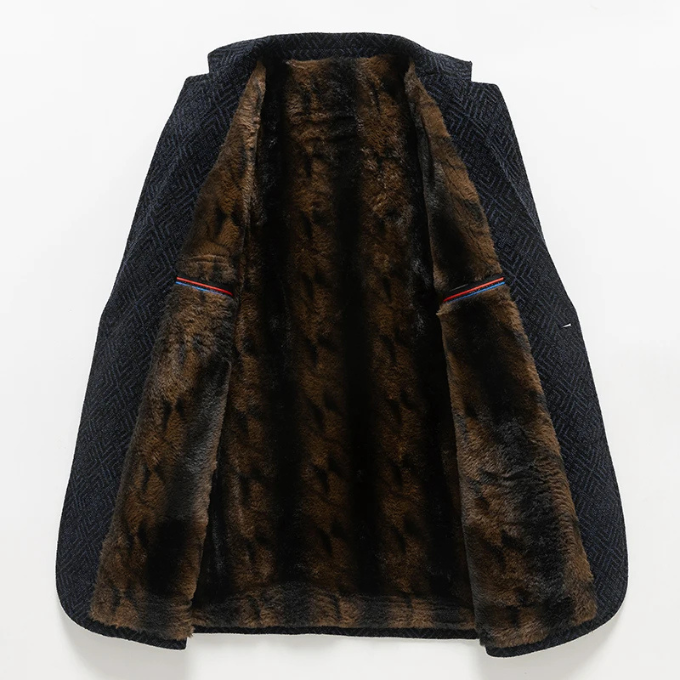 Men's Wool Coat for Autumn with Faux Fur Lining and Stand-up Collar
