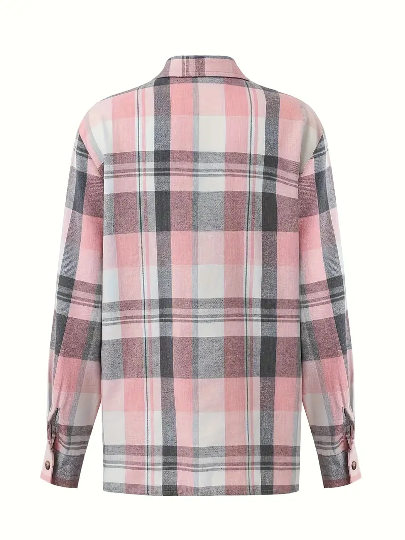 Rosa karierte Damenbluse, Langarm, Rückansicht. Modische Herbstbekleidung, weiches Material, ideal für lässige Outfits und Layering.