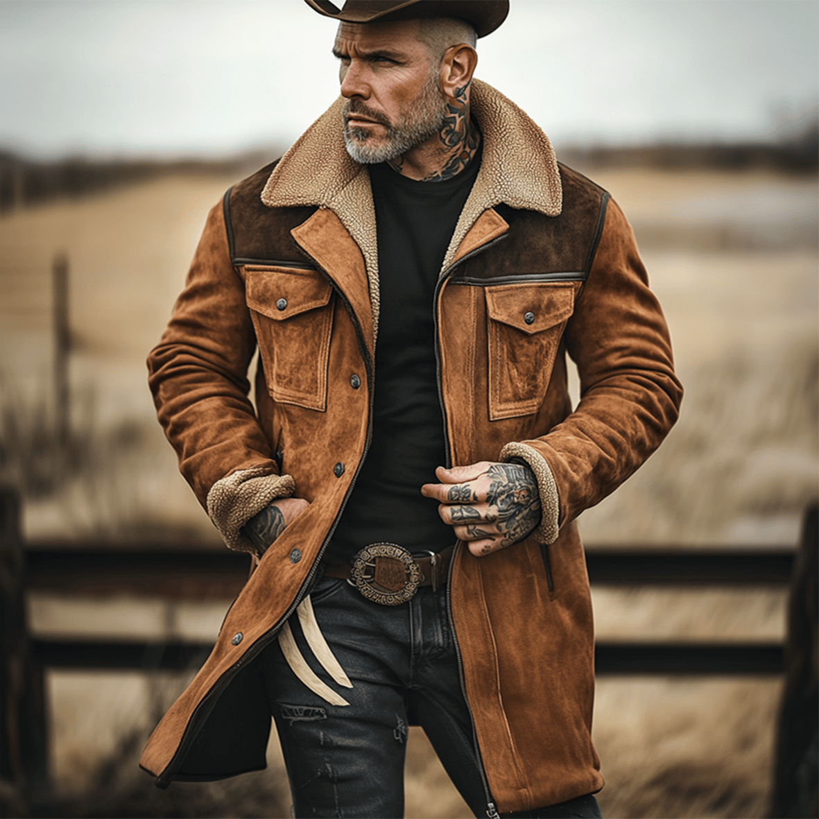 Herren Winter-Langmantel Mit Knopfleiste Und Shearling-Style-Besatz