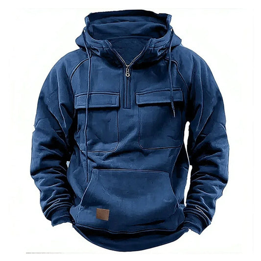 Dunkelblauer Herren-Hoodie mit Kapuze, Reißverschluss und Kängurutasche. Bequeme Freizeitmode, ideal für Herbst und Winter.