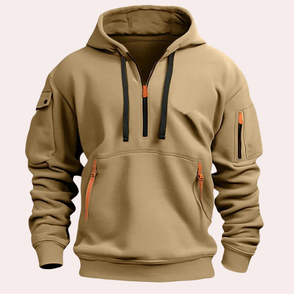 Beige Herren-Hoodie mit Reißverschlüssen, Kapuze und Taschen. Modischer Freizeitpullover, ideal für Outdoor-Aktivitäten und Streetwear.