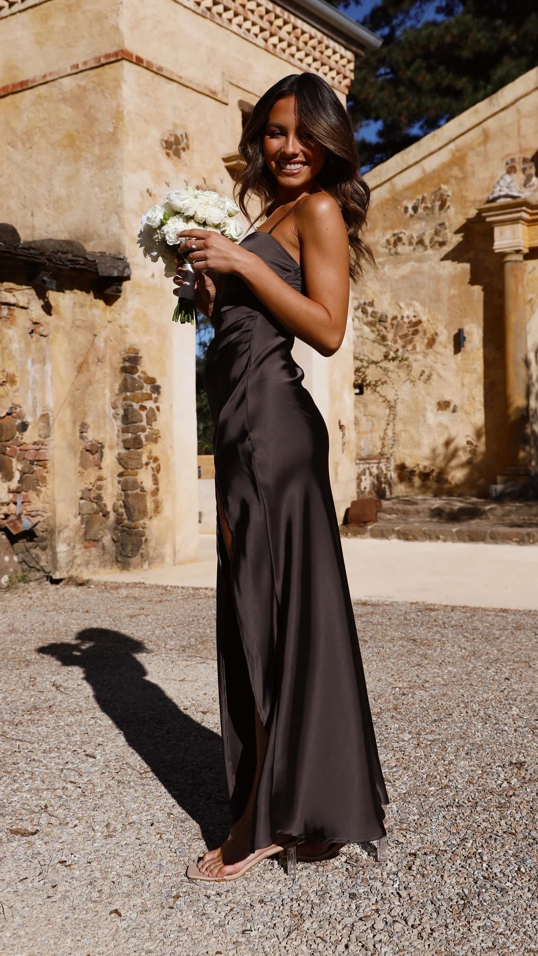 Damen Langes Slipdress Mit Satineffekt Und Seitenschlitz