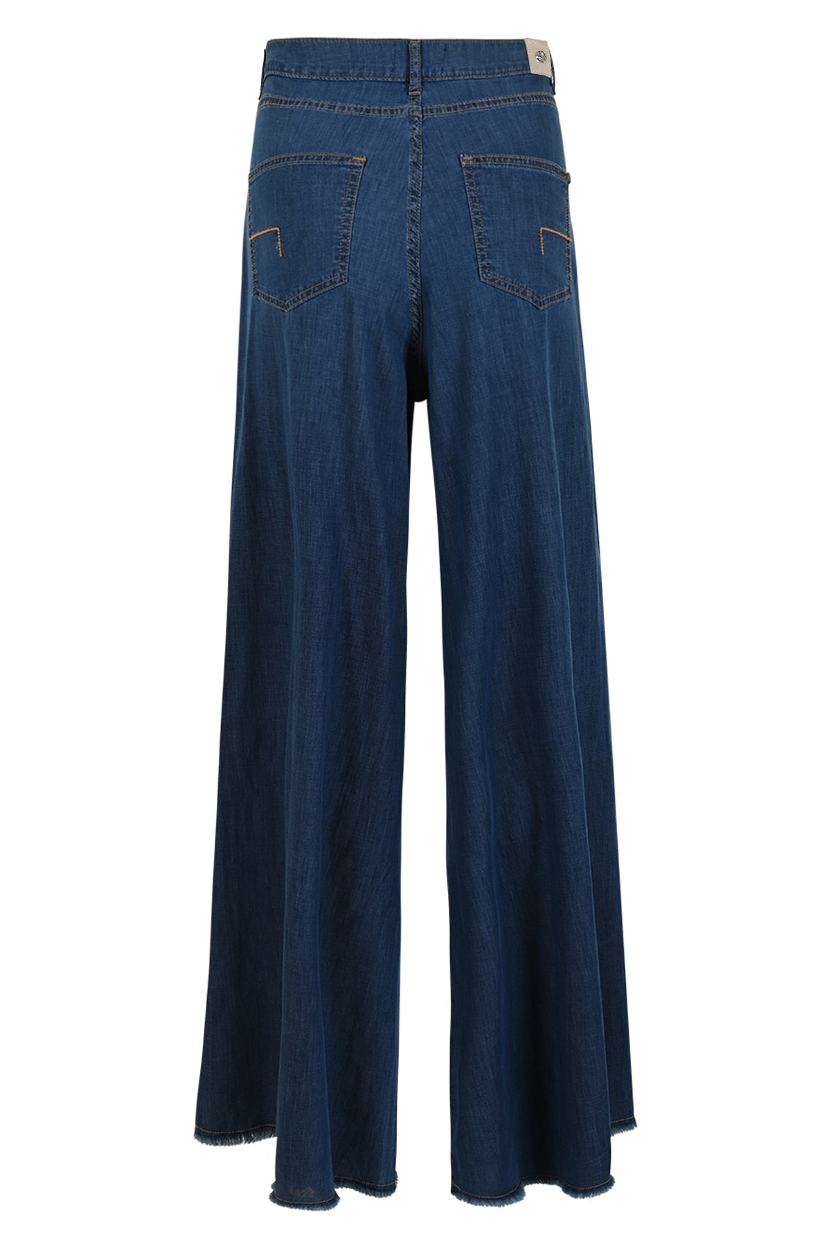 Damen Schlaghose aus Denim, dunkelblau, mit weitem Bein und zwei Gesäßtaschen. Modische Jeans für Freizeit und Alltag.