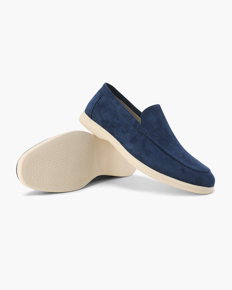 Blaue Wildleder-Loafer für Herren mit beiger Sohle, elegantes Design, rutschfeste Sohle, ideal für Freizeit und Business, hochwertige Herrenschuhe.