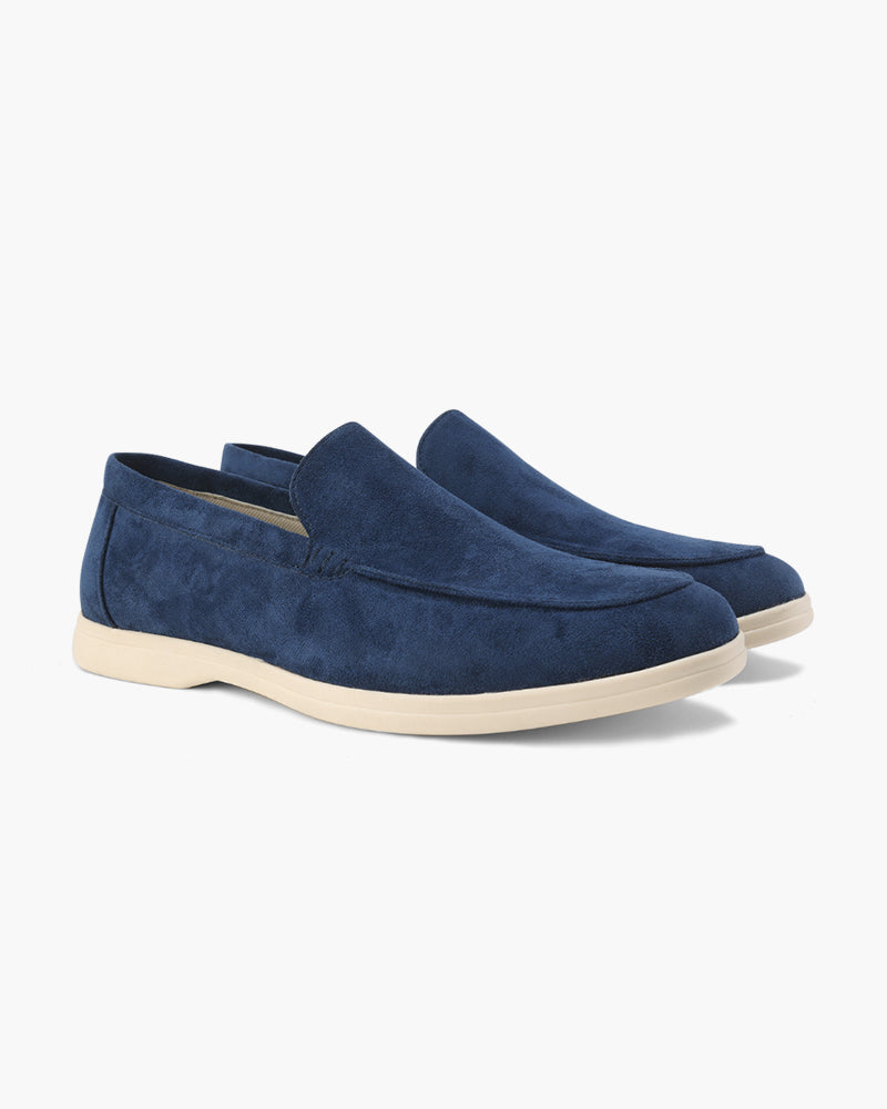 Blaue Wildleder-Slipper für Herren mit beiger Sohle, elegantes Design, ideal für Freizeit und Büro, komfortable Passform, modische Herrenschuhe.