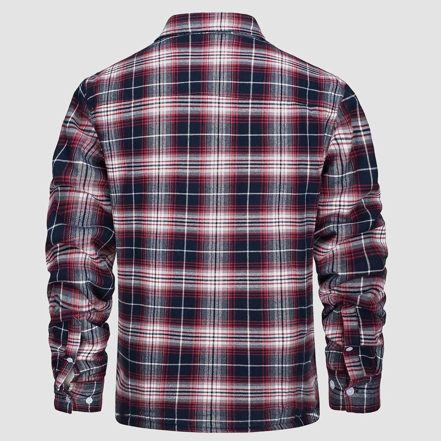 Kariertes Herrenhemd in Rot, Blau und Weiß, Langarm, Rückansicht. Modisches Flanellhemd für Herbst und Winter. Ideal für Freizeitkleidung.