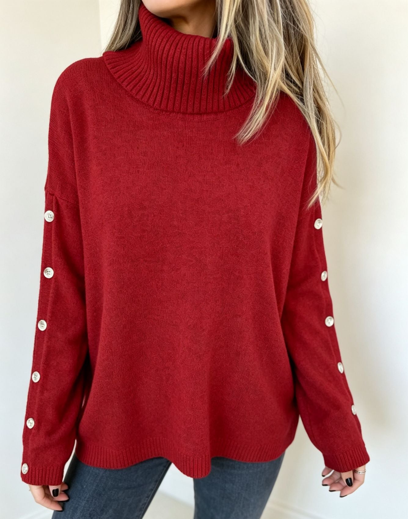 Damen Oversized Rollkragenpullover Mit Zierknöpfen