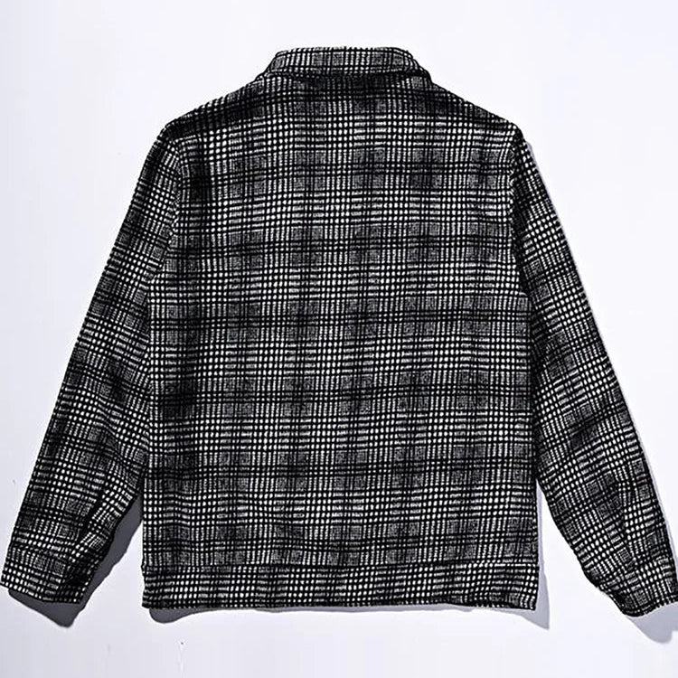 Men's Checked Autumn Jacket with Stand Collar and Button Placket