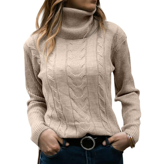 Damen Rollkragenpullover beige, Zopfmuster, langärmelig, modisch, warm, ideal für Herbst und Winter, lässiger Stil, weiches Material.