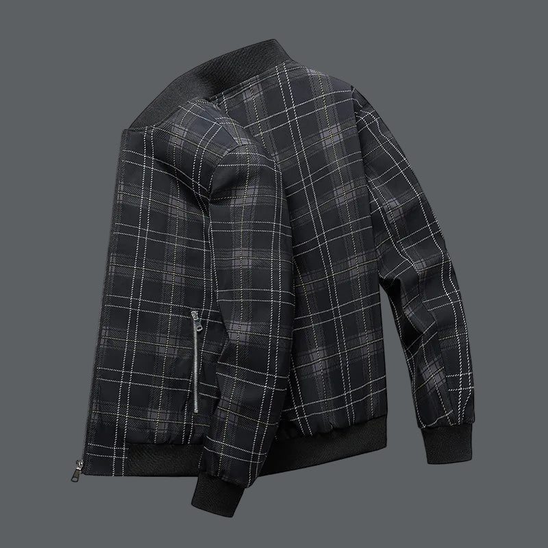 Men's flight jacket for autumn with checkered pattern, zipper, and ribbed cuffs