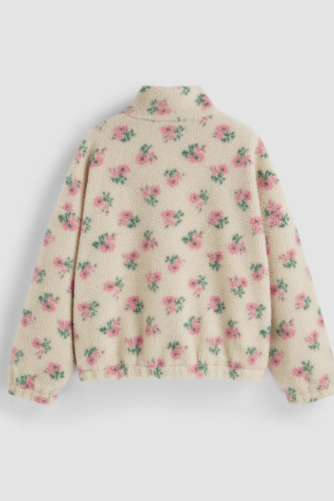 Rückansicht der Damen-Teddyfleecejacke mit durchgehendem Blumenmuster