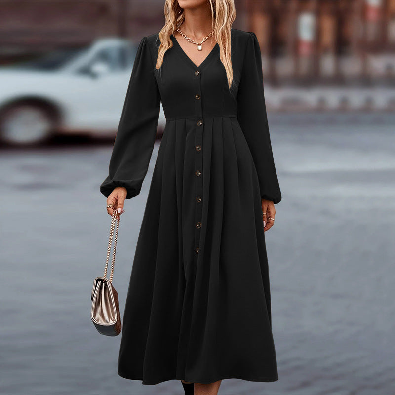 Damen Herbstkleid Mit Langen Ärmeln Und Knopfleiste