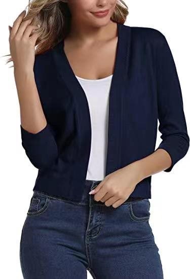 Damen Kurze Offene Strickjacke Mit Dreiviertelärmeln