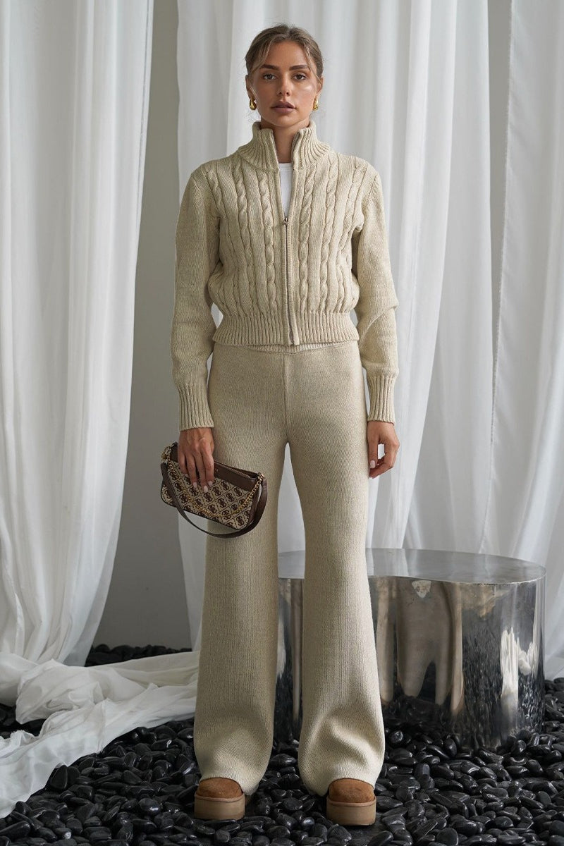 Damen Strickset Mit Zopfmuster Und Reissverschluss