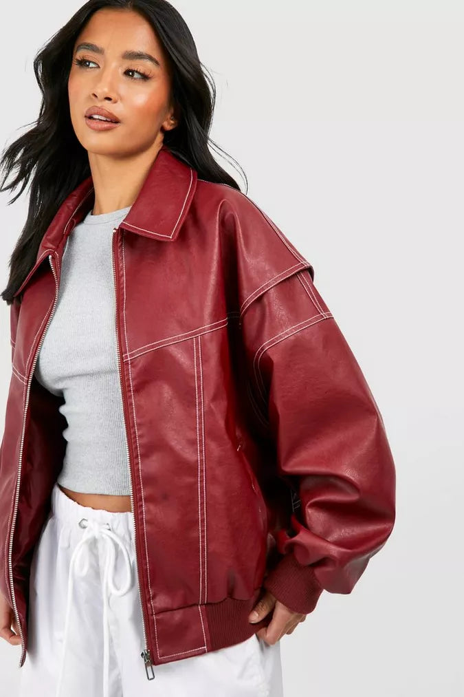 Damen Oversize Lederjacke in Rot für vielseitige Looks