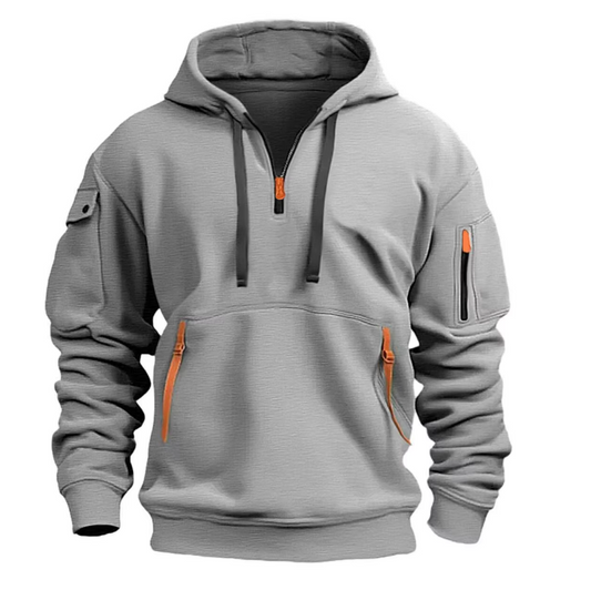 Grauer Herren-Hoodie mit Kapuze, Reißverschlüssen und Taschen, sportlich und modern. Ideal für Freizeit und Outdoor-Aktivitäten.