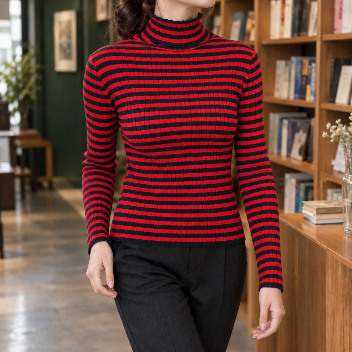 Gestreifter Rollkragenpullover Mit Rippstruktur