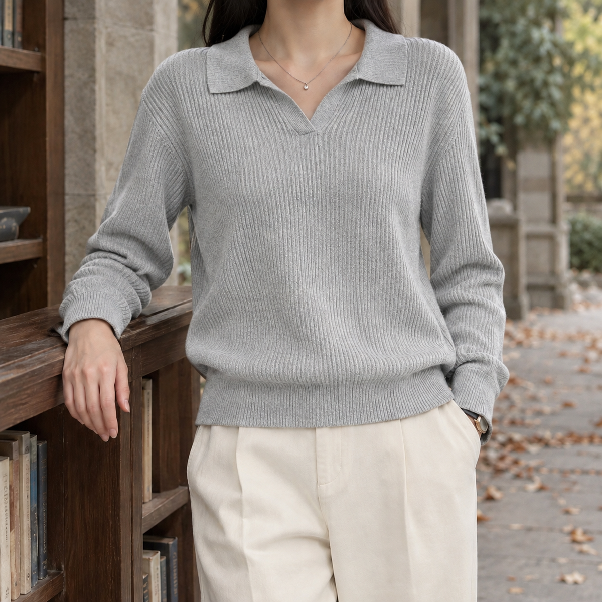 Damen Rippenpullover Mit Polokragen