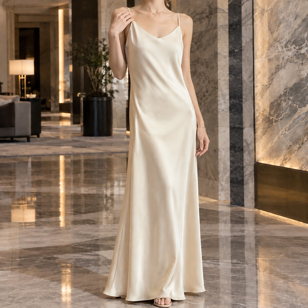 Damen Satin Slipdress Mit V Ausschnitt
