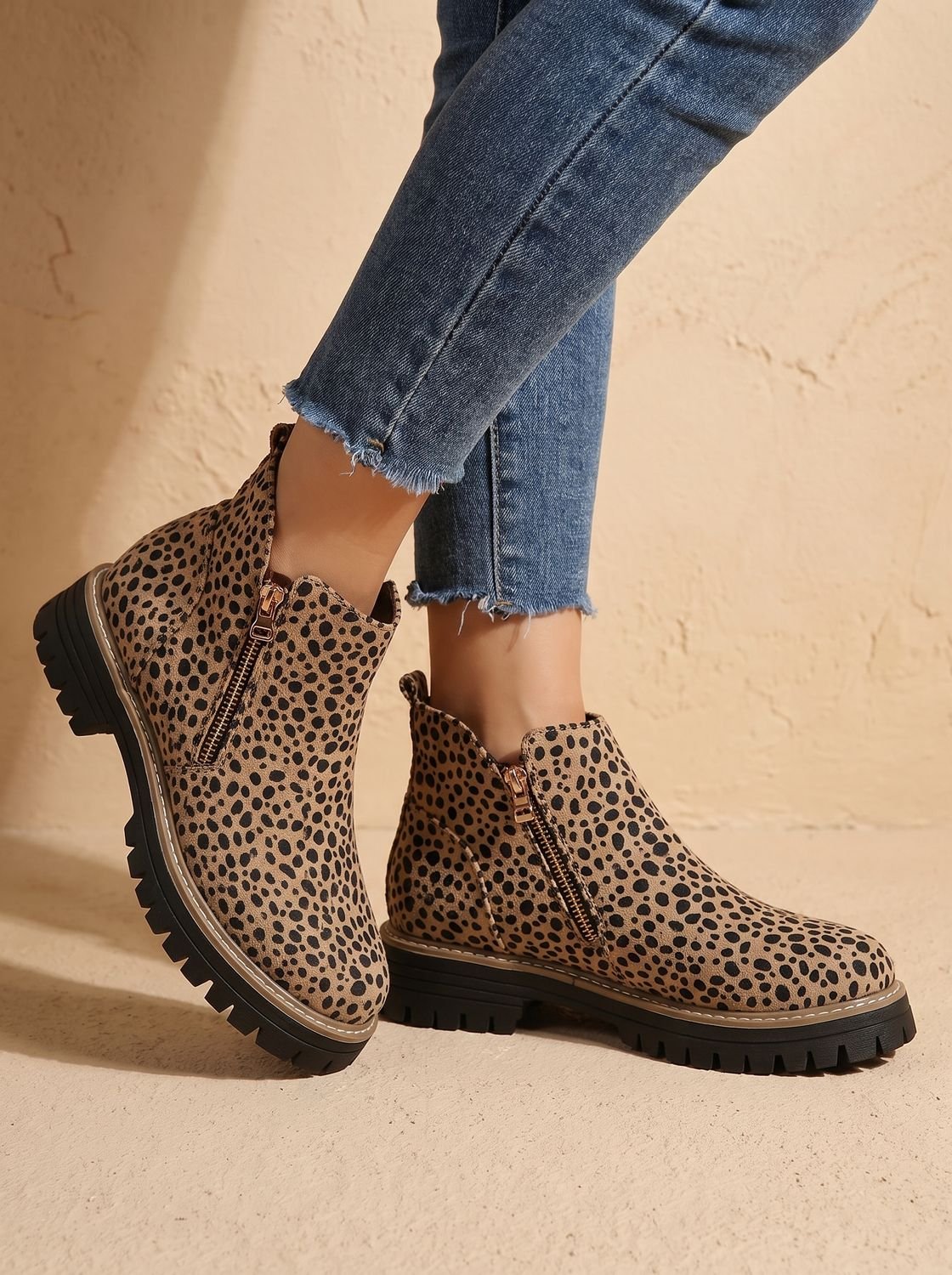 Damen Stiefeletten Leopardenmuster Mit Seitenreissverschluss