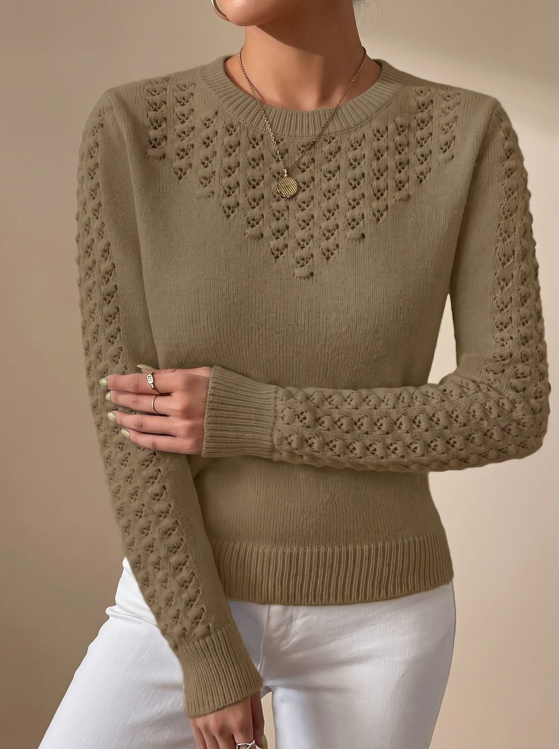 Damen Pointelle Strickpullover Kurz Mit Rundhalsausschnitt