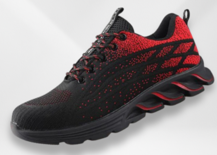 Schwarzer und roter Sportschuh mit dynamischem Design, atmungsaktivem Obermaterial und gepolsterter Sohle. Ideal für Laufen und Fitness.