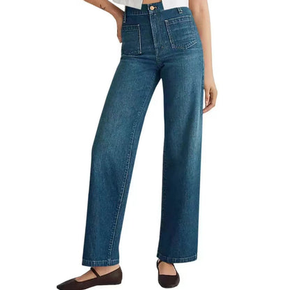 Damen Hochtaillen-Weitbein-Jeans mit Used-Effekten und eckigen Taschen