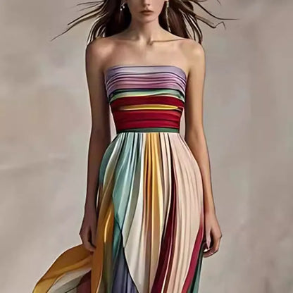 Damen Sommer Maxikleid Schulterfrei, Rückenfrei, Gestreift – A-Linien Style