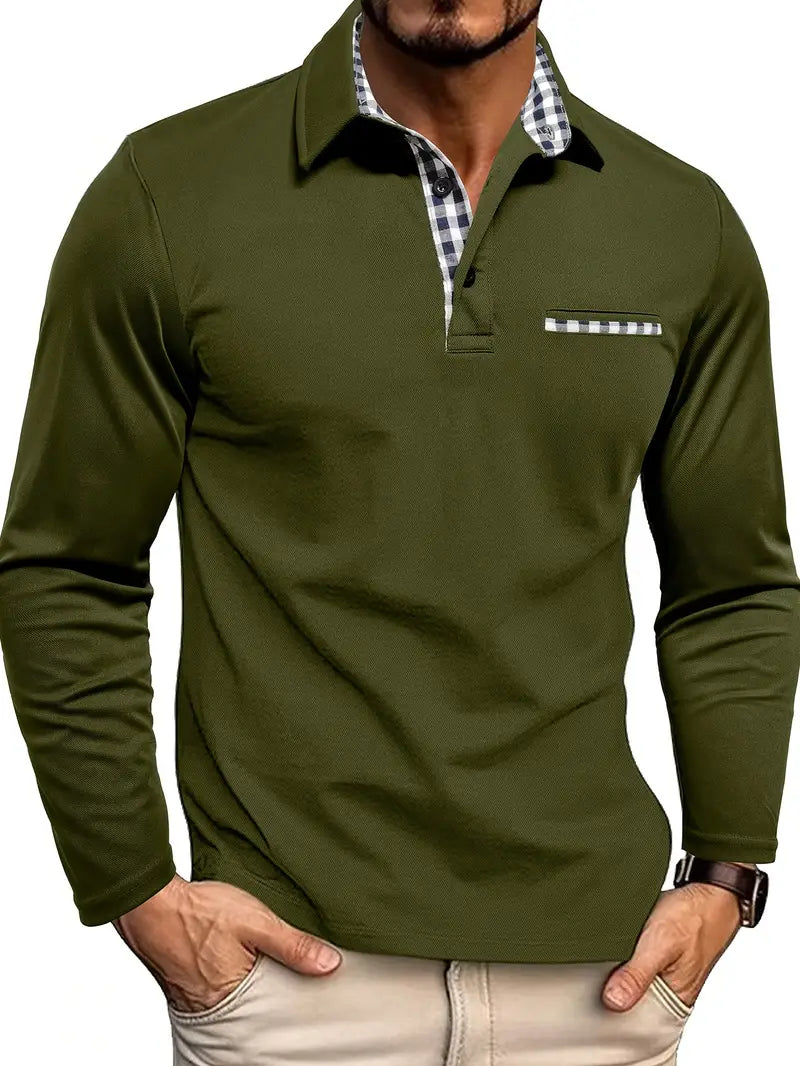 Herren Langarm Poloshirt Mit Kariertem Kragen Und Tasche