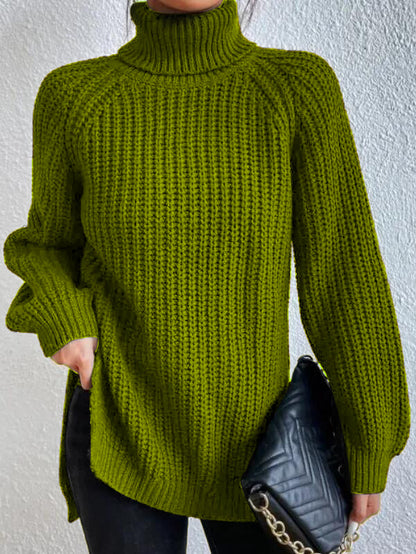 Women's Turtleneck Sweater with Raglan Sleeves and Slit Hem – Cotton Blend