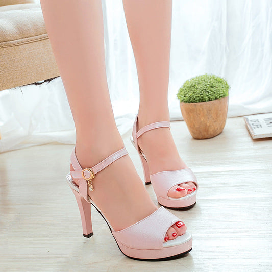 Damenfüße in eleganten rosa High Heels mit Riemchen auf hellem Holzboden, neben einem kleinen grünen Pflanzentopf.