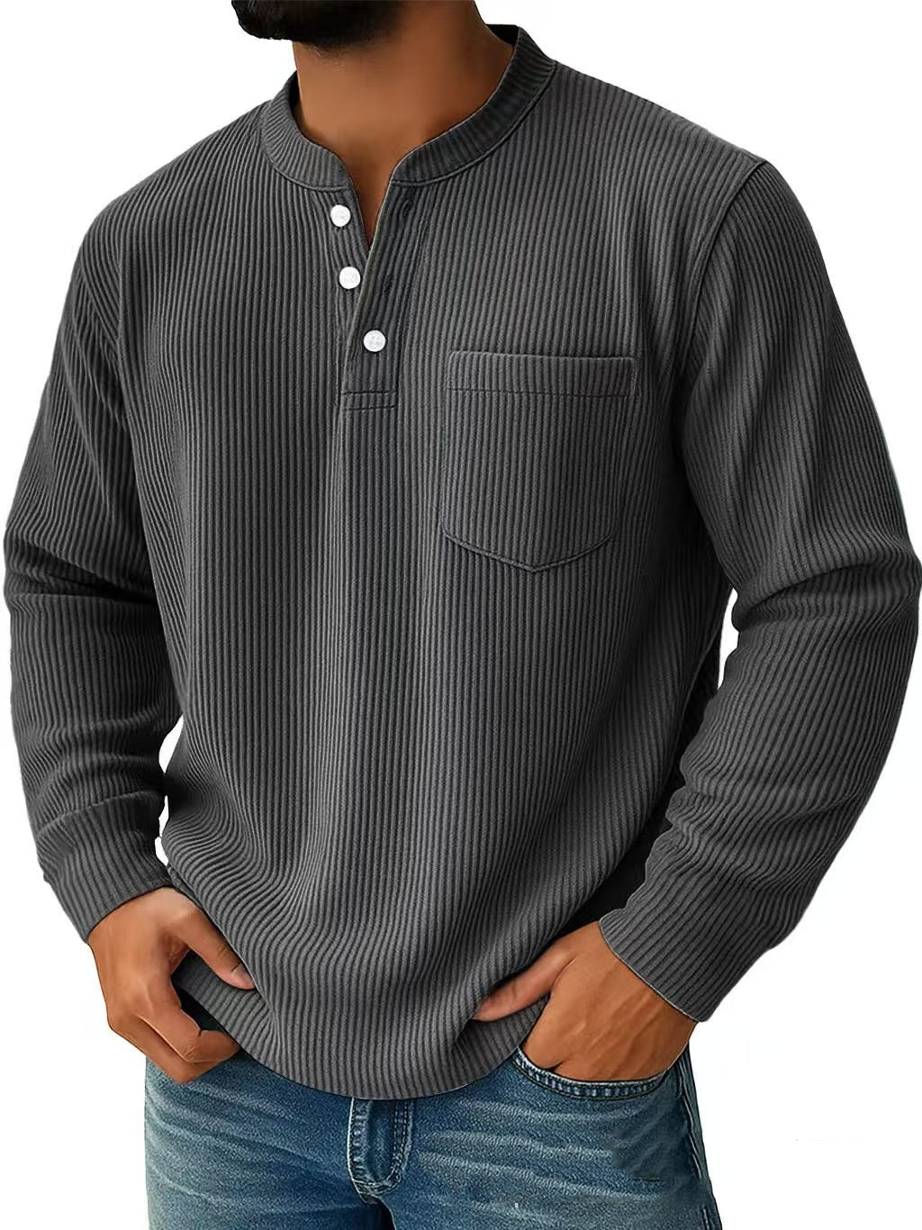 Herren Langarm Henley Shirt mit Drei Knopf Kragen – Strukturierte Oberfläche Normale Passform
