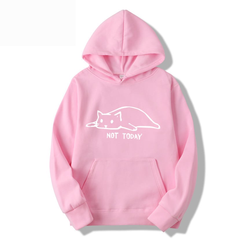 Women's hooded pullover with cat print and front lacing
