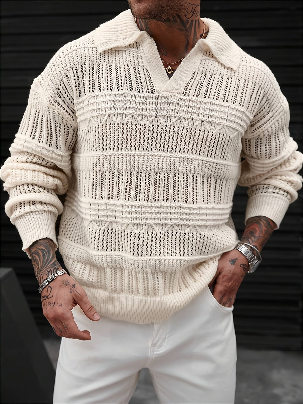 Langarm Polo Pullover Mit Lochstrick