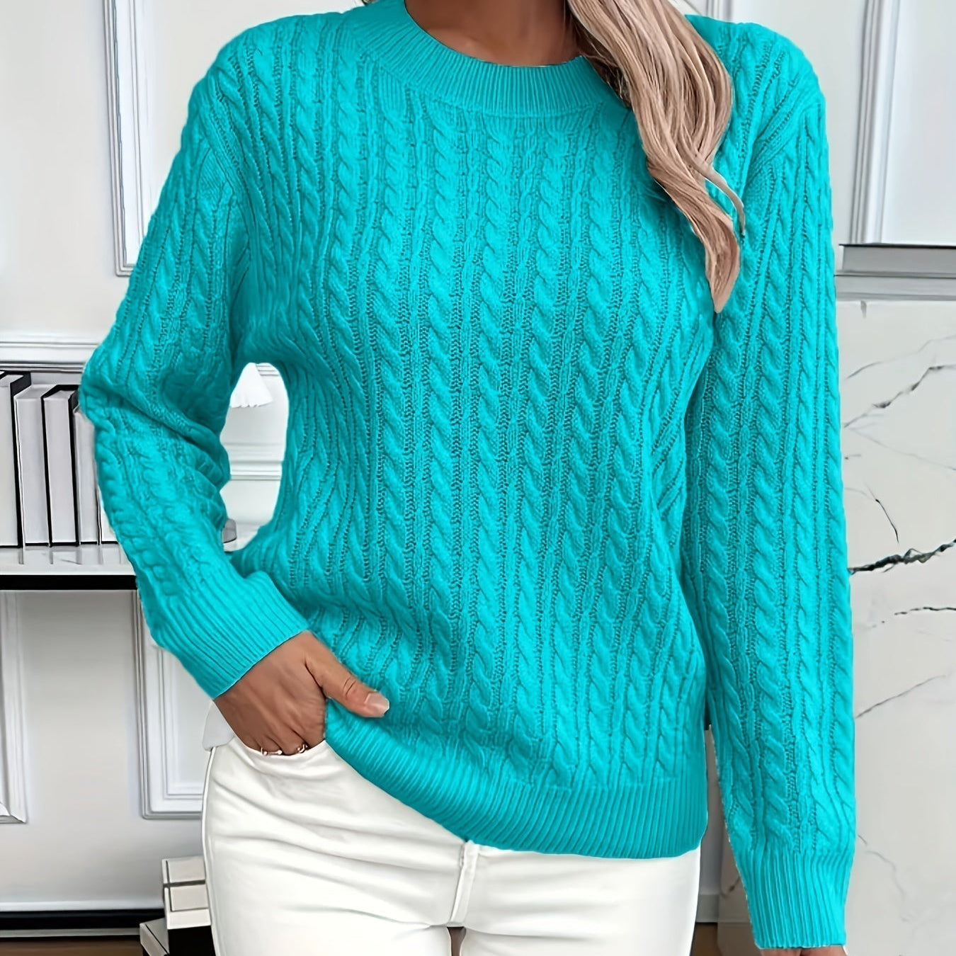 Women's autumn sweater with cable knit pattern and figure-flattering fit