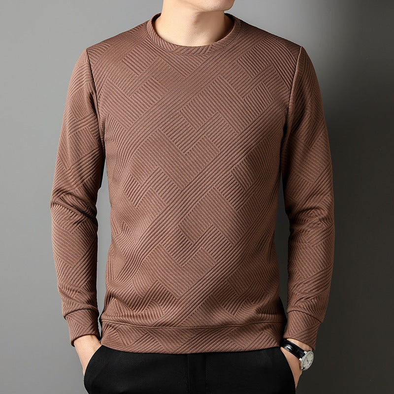 Brauner Herrenpullover mit geometrischem Muster, Langarm, Rundhalsausschnitt, stilvoll und modern. Perfekt für Herbstmode und Freizeitkleidung.