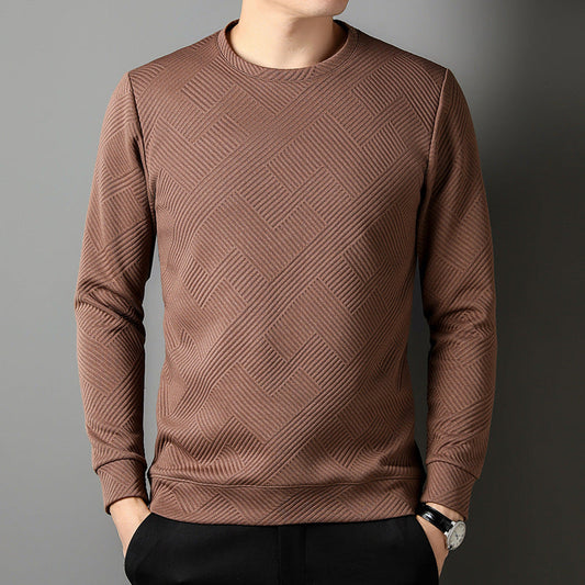 Brauner Herrenpullover mit geometrischem Muster, Langarm, Rundhalsausschnitt, stilvoll und modern. Perfekt für Herbstmode und Freizeitkleidung.
