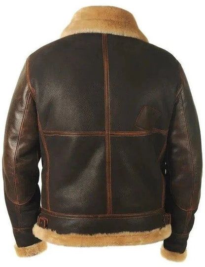 Braune Lederjacke mit Schaffellkragen und Nähten, Rückansicht. Stilvolle Herrenmode, warme Winterjacke, hochwertiges Leder, modisches Design.