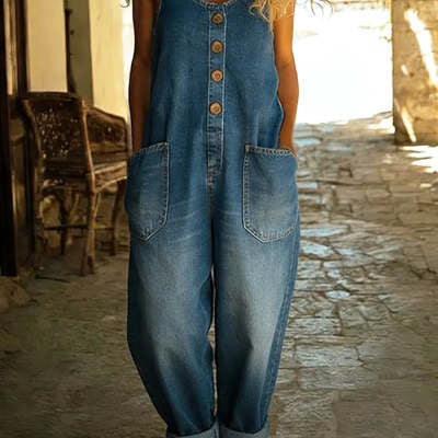 Damen-Jumpsuit Mit Schnallen, Vielen Taschen, Lockerer Passform Und Langer Länge – Polyester-Mischgewebe