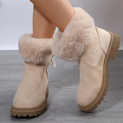 Damen Winter Plüschstiefel Mit Seitenreißverschluss Und Dickem Niedrigem Absatz