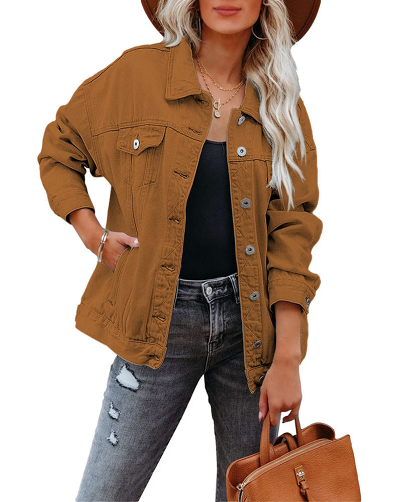 Damen Kurzjacke mit Schalkragen und Oversized-Passform – Denim-Mix Stil